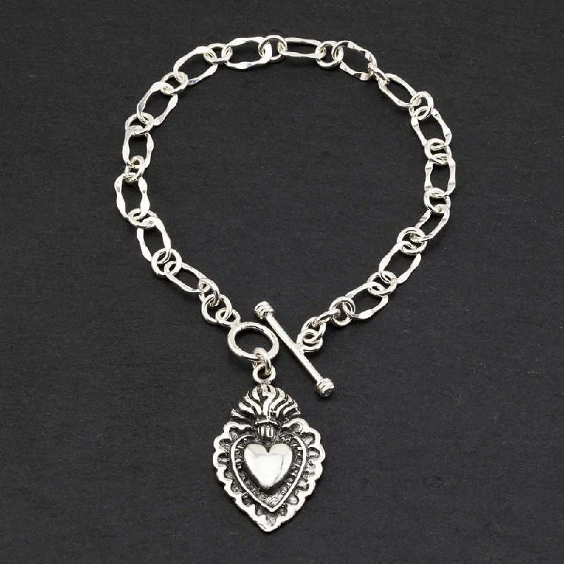 Mexican Silver Milagros Heart Charm Bracelet